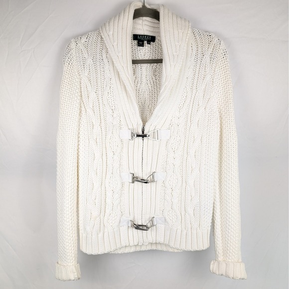 Y2K Lauren Ralph Lauren Petite MP Cream Cable Knit Toggle Clasp Cardigan Sweater - Picture 1 of 8
